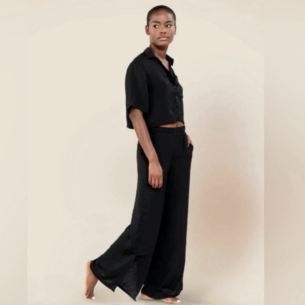 Plush Apparel REVOLVE Black Crop Top Wide Leg with Slit PJ Set XS